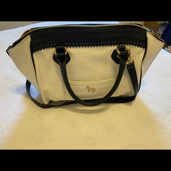 EMMA FOX Navy White Leather Zip Top Shoulder And Elbow Straps Satchel Bag - Picture 7 of 12
